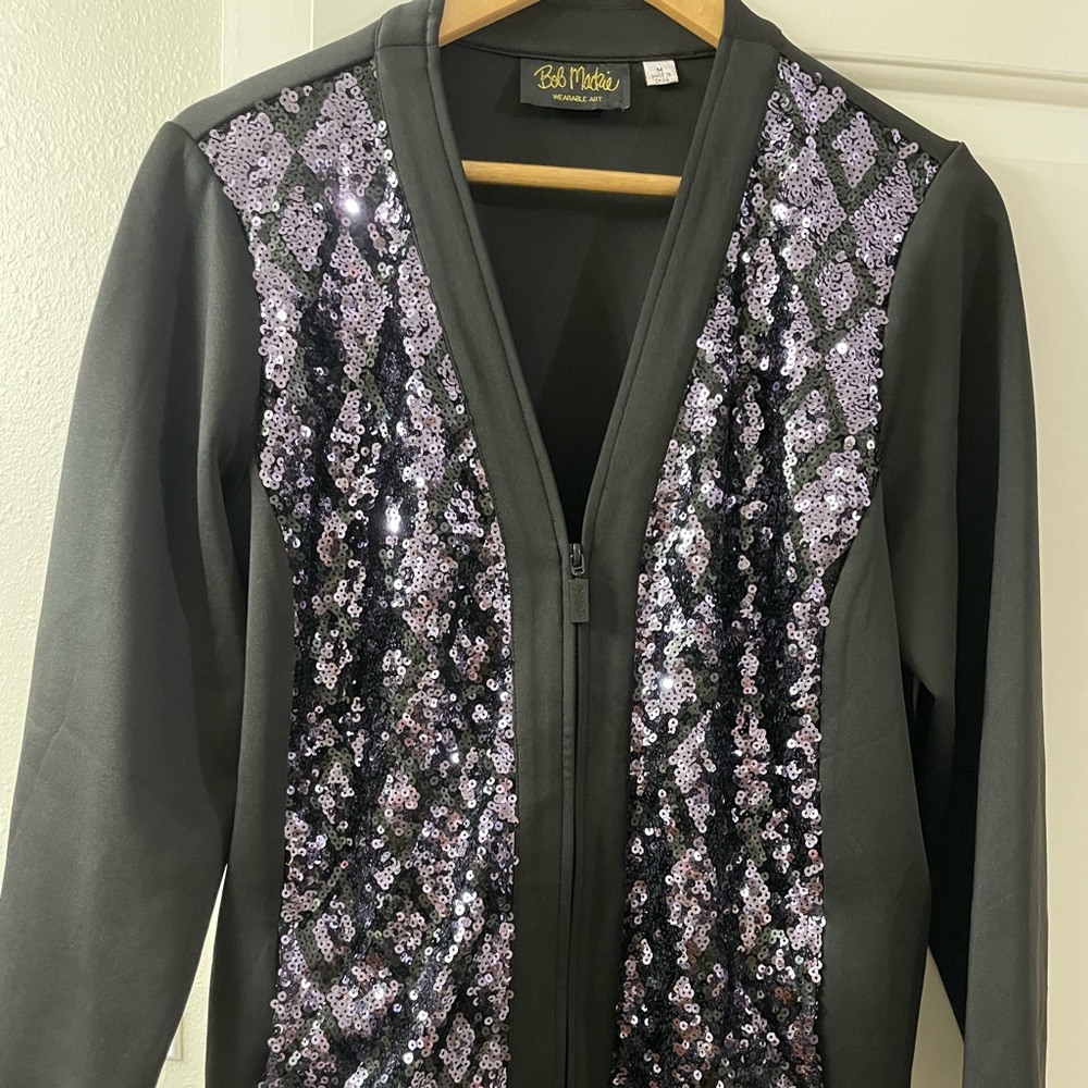 Bob Mackie Black Bomber Jacket with Lilac Sequin Panels